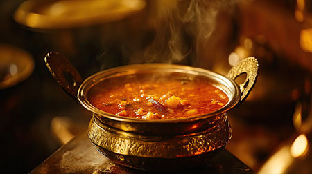 A steaming bowl of spicy curry served in an ornate pot. The rich colors and inviting aroma enhance the culinary experience, perfect for any meal or occasion.の素材