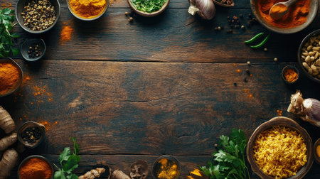 A vibrant arrangement of spices and fresh ingredients on a rustic wooden table, showcasing the beauty of cooking and culinary creativity. Perfect for food themes.の素材
