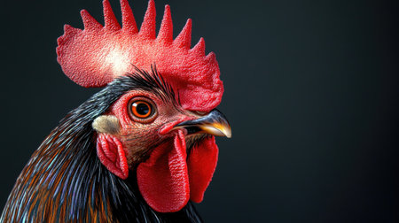 This stunning close-up of a rooster features vibrant colors and intricate feather details. The bold red comb and striking profile highlight the bird's character in a dramatic setting.の素材