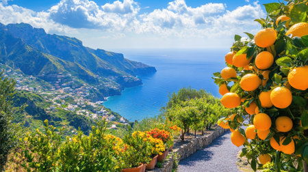 Breathtaking view of a coastal landscape featuring a lush orange tree. Bright oranges contrast with the vibrant blues of the sea and sky, creating a serene atmosphere.の素材