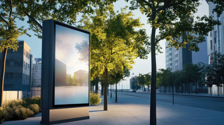 A serene urban scene features an empty billboard surrounded by trees and modern buildings, emphasizing tranquility in a bustling city environment.の素材
