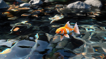 A vibrant orange goldfish swims gracefully in a calm water surface, surrounded by smooth rocks. The reflections create a serene atmosphere.の素材