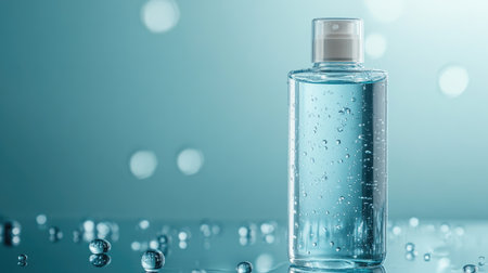 A clear plastic bottle filled with blue liquid sits elegantly on a reflective surface. Tiny water droplets enhance the fresh and clean aesthetic, ideal for product use.の素材
