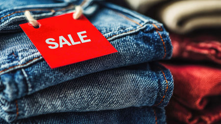 A vibrant sale tag hangs from stacked denim and cotton clothes, highlighting a discount offer. This image captures the spirit of retail promotion in fashion.の素材