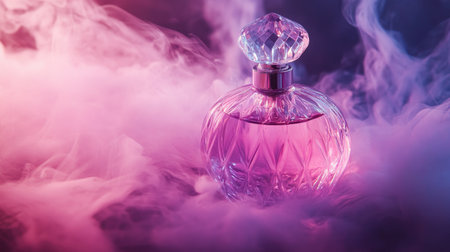 A stunning glass perfume bottle rests gracefully in vibrant mist, blending soft pink and purple hues with enchanting smoke, creating a luxurious atmosphere.の素材