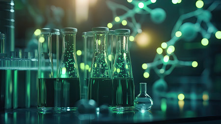 A vibrant laboratory scene featuring glassware filled with glowing green liquid. Perfect for themes of scientific research, innovation, and chemistry exploration.の素材