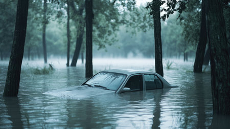 A car is partially submerged in a flooded forest area, showcasing the aftermath of heavy rainfall and storm. The serene yet eerie atmosphere highlights nature's power.の素材