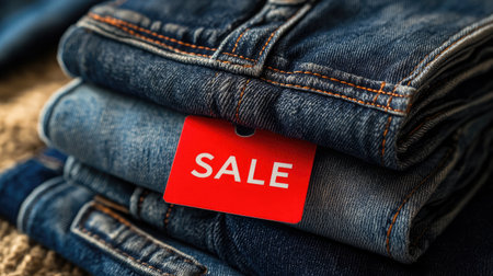 A vibrant red sale tag is attached to a neat stack of jeans, emphasizing the discount offer. Ideal for retail and fashion promotions.の素材