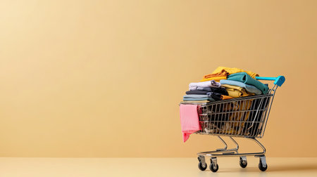 A vibrant shopping cart filled with various clothes sits against a simple background. This image captures the essence of retail and fashion shopping, ideal for marketing and ecommerce uses.の素材