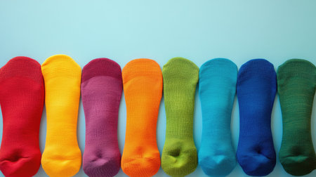 A neatly arranged row of colorful socks on a light blue background, showcasing a bright and cheerful design perfect for fashion and lifestyle projects.の素材