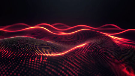 Explore a captivating digital landscape of flowing waves illuminated in red against a black background. Perfect for technology, art, and design projects.の素材