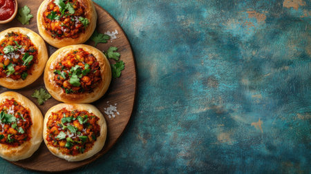 A tempting display of baked buns stuffed with a spicy vegetable mixture, garnished with fresh herbs. Perfect for culinary enthusiasts and food lovers.の素材