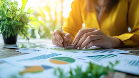A business professional focuses on graphs and charts while analyzing data in a bright office space. The environment combines nature with productivity.の素材