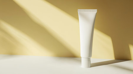 A minimalist white tube rests on a beige surface, enhanced by soft shadows and natural light. This elegant image captures the essence of beauty and simplicity, ideal for marketing skincare or cosmetic products.の素材