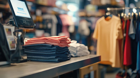 A visually engaging retail clothing store interior featuring neatly folded shirts on a counter, with a cash register in focus, creating a vibrant shopping atmosphere.の素材
