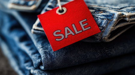 Close-up of a sale tag on a neatly stacked pile of blue denim jeans, emphasizing a discount offer in a retail environment. Perfect for fashion and retail promotions.の素材