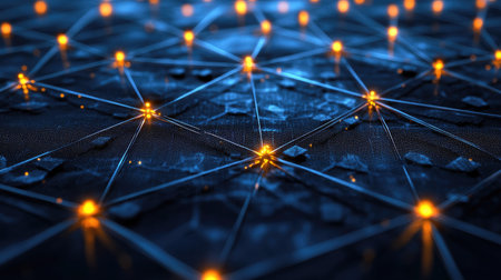 Glowing nodes create an intricate network pattern on a dark surface. This abstract digital illustration explores themes of technology, connection, and innovation.の素材