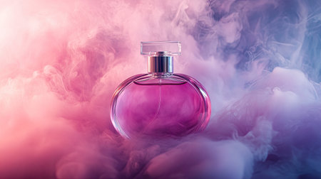 A stunning perfume bottle with a vibrant pink liquid is showcased amidst billowing colorful fog, creating an enchanting ambiance perfect for beauty marketing.の素材