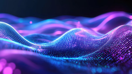 Dive into a mesmerizing digital landscape with vibrant wave patterns glowing in blue and purple. This abstract design evokes a sense of energy and movement, perfect for tech-related themes.の素材
