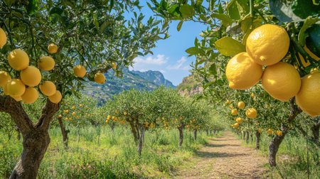 Vibrant lemon orchard filled with ripe yellow lemons under a clear blue sky, showcasing the beauty of nature and the richness of agricultural life.の素材