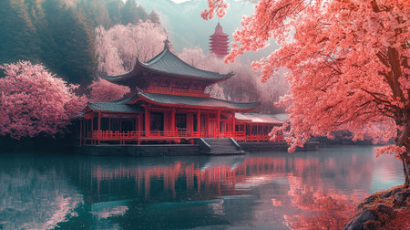 A serene Asian landscape featuring a beautiful pavilion surrounded by cherry blossoms, reflecting on tranquil waters with majestic mountains in the background.の素材