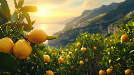 A beautiful scene of fresh lemons hanging from a tree with a stunning coastal sunset in the background, highlighting the vibrant colors of nature.の素材