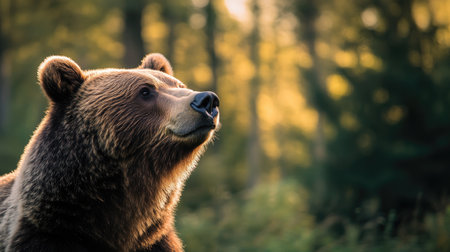 A stunning close-up of a brown bear thoughtfully observing its surroundings in a serene forest. The soft evening light enhances the peaceful atmosphere.の素材