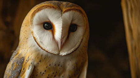 Captivating close-up of a barn owl showcasing its striking features and beautiful plumage. This serene portrait highlights the beauty of wildlife in a natural setting.の素材
