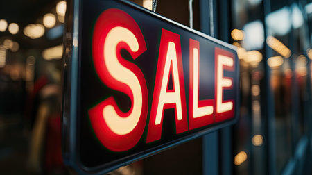 An eye-catching illuminated sale sign hangs in a retail store window, promoting discounts and attracting shoppers. Perfect for marketing or business related themes.の素材