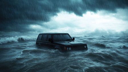 A dark vehicle appears stranded in a turbulent sea, engulfed by high waves and relentless rain. Ominous clouds loom overhead, creating a dramatic and tense atmosphere.の素材