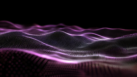 Vibrant digital waves in purple and black create an abstract and dynamic atmosphere, perfect for technology and contemporary design themes. Ideal for backgrounds.の素材