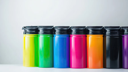 A striking arrangement of colorful drink containers on a minimalist background, showcasing vibrant designs perfect for home or outdoor use.の素材