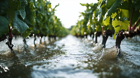 A serene view of vineyard rows submerged in water, showcasing the aftermath of heavy rainfall. Sunlight filters through lush green leaves, creating a picturesque scene.の素材