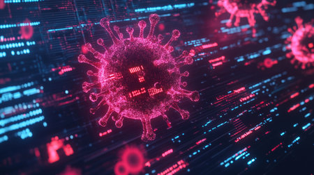 A captivating digital illustration showcasing a virus amidst flowing data streams, representing the intersection of health, technology, and vibrant science.の素材