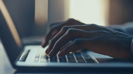 A close-up image captures hands skillfully typing on a laptop keyboard. Natural light pours in, enhancing focus and productivity in a modern workspace setting.の素材