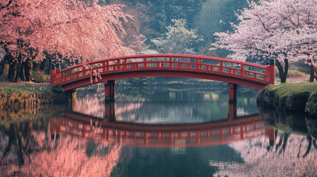 A tranquil cherry blossom scene featuring a beautiful red bridge over reflective water, surrounded by blooming pink trees, perfect for relaxation and nature lovers.の素材