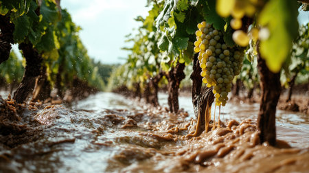 A picturesque vineyard row submerged in water, showcasing vibrant green grapes hanging from the vine. The scene highlights the beauty and challenges of viticulture.の素材