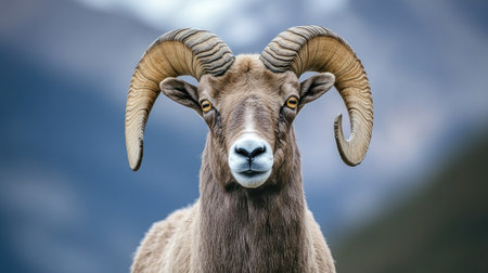 A striking close-up of a bighorn sheep with prominent horns, showcasing its unique features in a natural mountainous landscape, perfect for wildlife enthusiasts.の素材