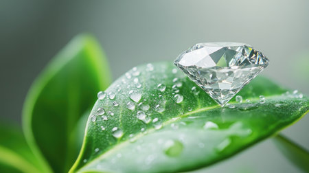 A breathtaking close-up of a sparkling diamond resting on a green leaf adorned with water droplets, showcasing nature's beauty and luxury.の素材