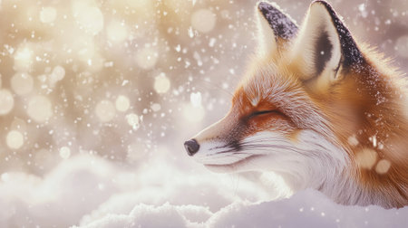 A serene fox gazes peacefully amidst falling snowflakes in a winter landscape. The soft light highlights its beautiful fur, capturing a tranquil moment in nature.の素材