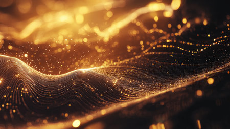 An abstract representation of golden waves illuminated by glowing particles set against a dark background, creating a captivating visual effect.の素材