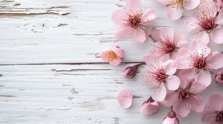 A composition of delicate pink blossoms arranged beautifully on a rustic white wooden surface, showcasing the charm and elegance of spring flowers.の素材