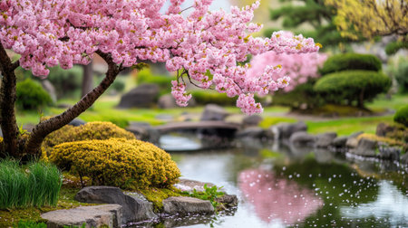 A tranquil scene featuring a cherry blossom tree with vibrant pink flowers by a serene pond. The reflection in the water enhances the peaceful atmosphere of springtime beauty.の素材