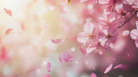 Enchanting scene of cherry blossoms in soft sunlight with delicate petals floating gracefully, evoking a sense of tranquility and natural beauty in springtime.の素材