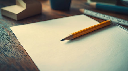 A serene workspace featuring a blank sheet of paper and a yellow pencil resting on a wooden desk. Ideal for creative projects and educational themes.の素材