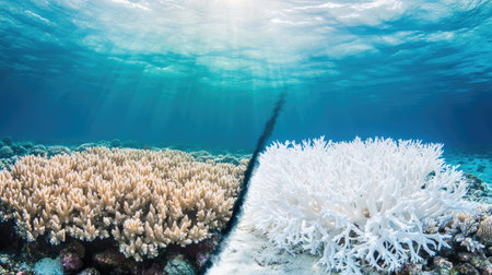 This image showcases a striking comparison of healthy coral reefs and bleached coral. The underwater scene highlights the impact of environmental changes on marine ecosystems.の素材