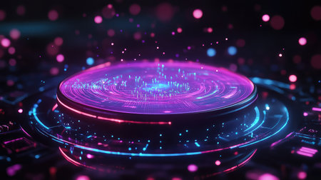 A striking abstract digital landscape featuring vibrant neon colors in blue and pink. This futuristic visual captures energy and motion, ideal for tech-themed projects.の素材