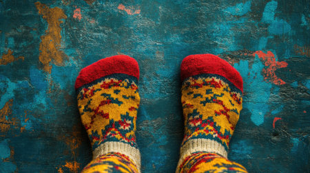 A pair of colorful, patterned socks rests on an artistic, textured background. The vibrant colors express style and comfort, perfect for cozy indoor settings.の素材