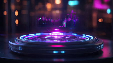 A striking futuristic digital interface featuring vibrant neon lights and dynamic graph data. This high-tech visualization creates an immersive experience in modern design.の素材