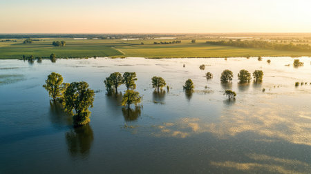 This stunning aerial photograph captures a vibrant green landscape partially submerged in water. The tranquil environment showcases flooded trees under a soft sunset light.の素材